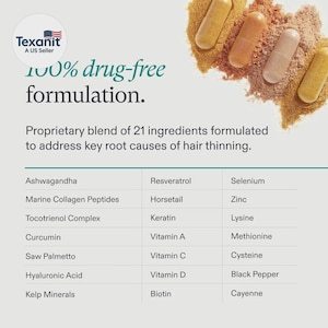 Puede incluir: Imagen de un producto de suplemento con c&aacute;psulas y una lista de ingredientes. El texto dice "Formulaci&oacute;n 100% libre de drogas" y enumera ingredientes como Ashwagandha, Marine Collagen Peptides y Saw Palmetto.