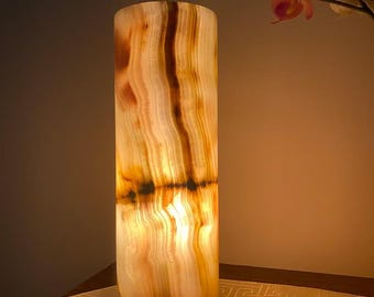 Handcrafted Onyx Cylinder Lamp(4X12Inch) Natural Stone Table Lamp Soft Ambient Lighting