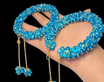 Handmade Blue Beaded Hoop Earrings with Gold Drops