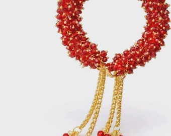 Handmade Red Crystal Beaded Bracelet with Gold Chain Tassels