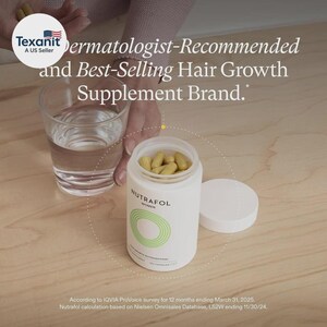 Puede incluir: Una botella blanca de suplementos para el crecimiento del cabello Nutrafol Women con un dise&ntilde;o circular verde y el texto "Nutrafol Women". La botella est&aacute; abierta, revelando c&aacute;psulas amarillas. Un vaso de agua est&aacute; al lado de la botella. El texto dice "Dermatologist-Recommended and Best-Selling Hair Growth Supplement Brand."