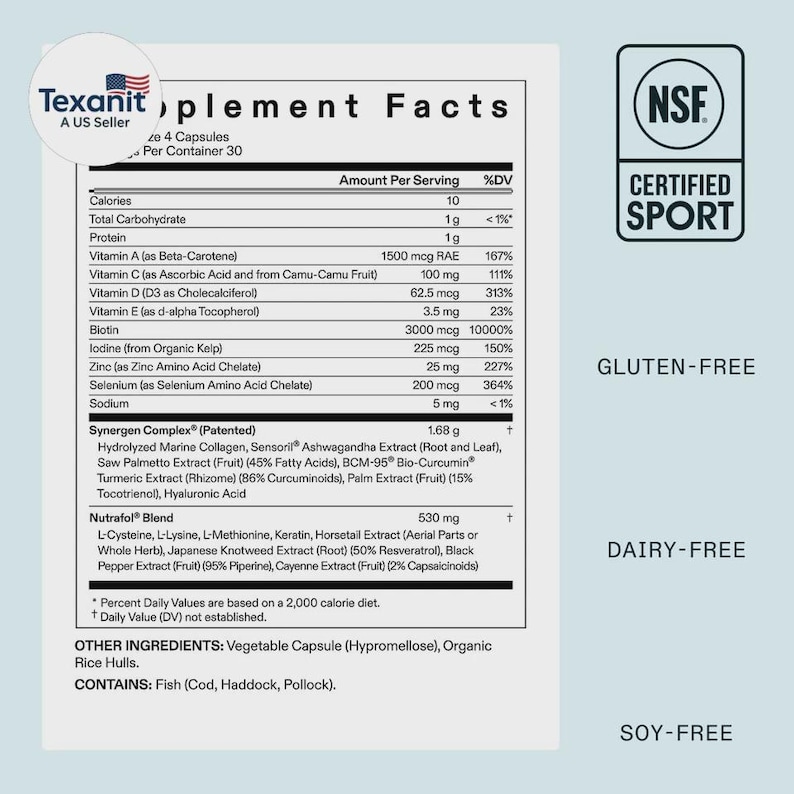 Puede incluir: Etiqueta de informaci&oacute;n nutricional con el logotipo de Texanit, que enumera la informaci&oacute;n nutricional por porci&oacute;n. La etiqueta incluye vitaminas, minerales y una mezcla de ingredientes. El producto est&aacute; certificado por NSF y no contiene gluten, l&aacute;cteos ni soja.