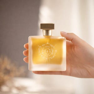 Op de afbeelding: Een vierkante parfumfles met een goudkleurige vloeistof wordt door een hand vastgehouden. De fles heeft een gouden dop en een wit ontwerp op de voorkant. De fles heeft een matte uitstraling.