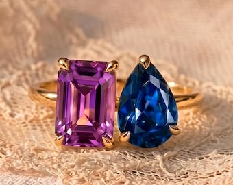 Toi et Moi Amethyst Sapphire Engagement Ring, Emerald and Pear Cut Two Stone Ring, Gold Dual Birthstone Anniversary Gift for Her