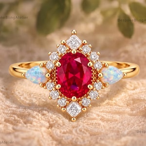 Puede incluir: Un anillo de oro con una piedra roja central de corte ovalado rodeada por un halo de pequeñas piedras blancas redondas y dos piedras de corte princesa en la parte superior e inferior. Dos ópalos en forma de pera adornan los lados del aro.