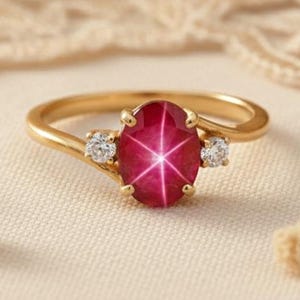 May include: A gold ring featuring a large, oval-cut ruby with a star effect, flanked by two smaller diamonds. The ruby is a deep red color, and the ring has a delicate, elegant design. The ring is set on a cream-colored surface.