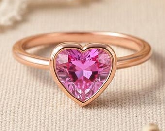 Solitaire Heart Shape Pink Sapphire Engagement Ring, Single Stone Anniversary Ring For Wife, September Birthstone Ring, Christmas Day Gift