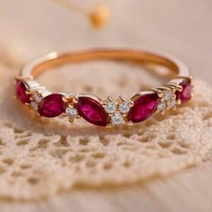 Marquise Cut Ruby & Moissanite Alternate Ring, Stackable Half Eternity, Anniversary Jewelry, Perfect Gift For Her, Minimalist Dainty Ring