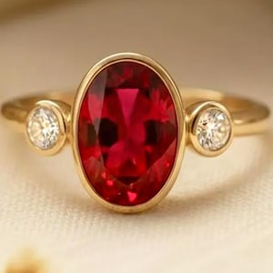 Oval Cut Garnet & Moissanite Engagement Ring, Gold Bezel Set Gemstone Ring, January Birthstone Wedding Ring, Three Stone Anniversary Ring
