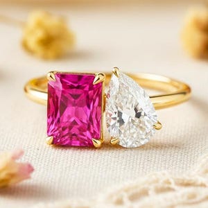 Emerald Cut Ruby & Pear Cut Moissanite Engagement Ring, Toi Et Moi Stackable Ring, Anniversary Gift For Partner, July Birthstone Jewelry