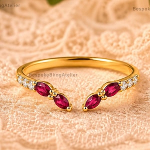 Open ring Marquise Ruby, jubileumband Moissanite Gap, vergulde sterlingzilveren manchetring, delicate stapelring voor vrouwen