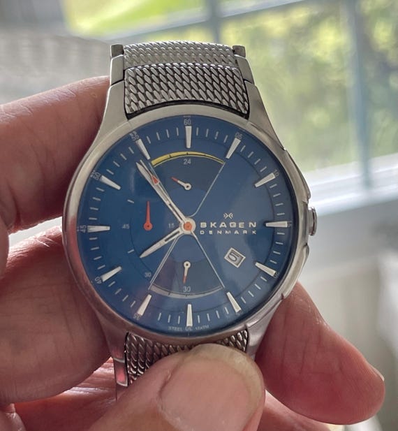 Rare Skagen Watch From Denmark Chronograph in Pie Slice Windows Blue Dial 7 Wrist Size Screw Down Crown Etsy