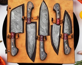 手鍛造ダマスカス鋼シェフナイフセット｜木製ハンドル、レザーロール
