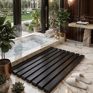 Può includere: Un bagno lussuoso con pavimento in marmo e un tappetino da bagno in legno nero. La stanza è dotata di una vasca idromassaggio, piante e una vista su un giardino attraverso ampie finestre. Un paio di pantofole bianche poggia sul pavimento.