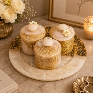 Set van harsschotels met voorraadpotten, goudkleurige opberger, decoratieve serveerset