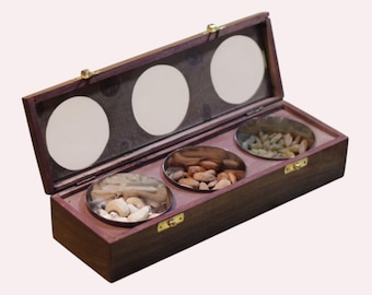Wooden Dry Fruit Box with Glass Lid, 3 Compartment Snack Storage, Gift Box