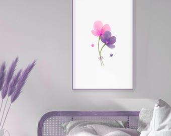 Print van twee aquarelbloemen, romantische muurdecoratie, digitale download (pdf).