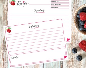 Receptenkaartjes met frambozenmotief, printbaar, A5, A6, 4 x 6 inch