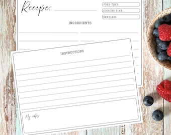 Klassiek ontwerp, printbare receptkaarten, A5, A6, 4 x 6 inch