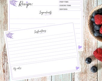 Lilac Design, printbare receptenkaarten, A5, A6, 4 x 6 inch