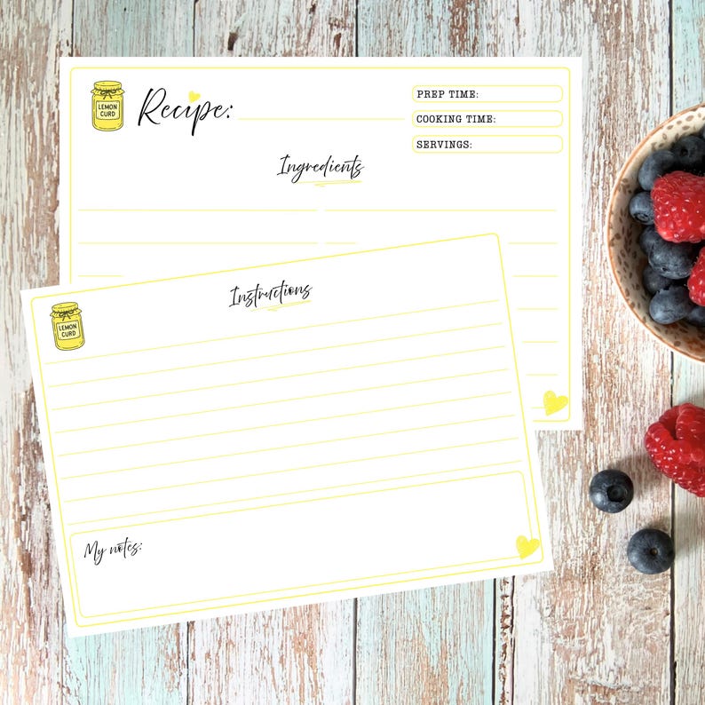 May include: Two white recipe cards with yellow borders and lemon jar illustrations. The top card features fields for Recipe, Prep Time, Cooking Time, Servings, and Ingredients. The bottom card includes an Instructions section and a My notes field.
