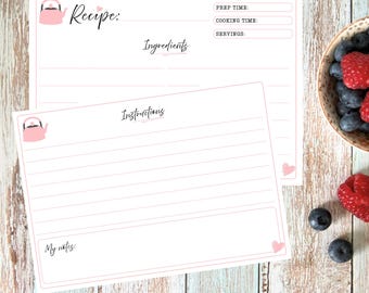 Zachtroze design, printbare receptkaarten, A5, A6, 4 x 6 inch