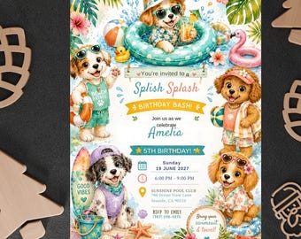 Editable Puppy Pool Party Birthday Invitation  Digital Template, Printable Paw-ty Birthday Invitation, Digital Bday Party Invite Template