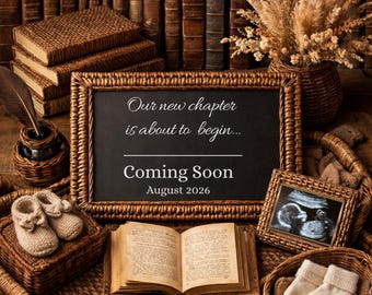 Bookish Pregnancy Reveal | Baby Announcement | Neutral Pregnancy Announcement | Editable Canva Template | Classic Baby Reveal | Cozy Baby