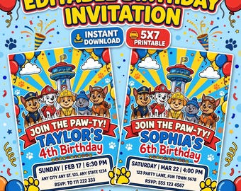 Bearbeitbare Geburtstagseinladung zum Thema Welpenrettung, Pfotenfeste Kinderparty-Einladung (5x7 PDF)