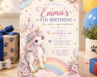 Einhorn-Geburtstagseinladung, bearbeitbare Vorlage (Canva), digitaler Download, Regenbogen-Mädchen-Partyeinladung