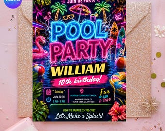 Editable Pool Party Birthday Invitation  Blue Green Pool Birthday Canva Template Digital Download Evite Boy Neon Glow Swim Invite for Boys