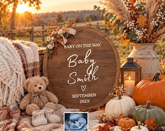 Digitale Schwangerschaftsankündigung im Herbst, Schild „Baby unterwegs“ im Herbst, Ultraschallbildvorlage mit Kürbismotiv, bearbeitbare Version für die Enthüllung im September 2020