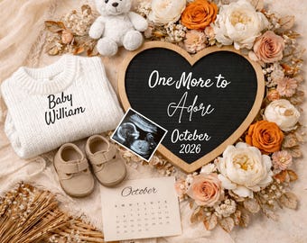 One More to Adore Pregnancy Announcement Template | Rustic Wood Beads | Editable DIY | Second Baby Reveal | Neutral Baby Announcement