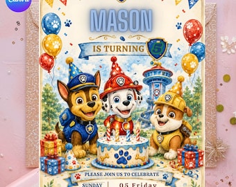 Editable Paw-ty Birthday Invitation Template, Puppy Patrol Pup Boys & Girls Bday, Kids Party Invitation, Puppy Party Invite,Digital Download