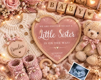 Girl Gender Reveal Pregnancy Announcement, Boho Bear Heart Little Sister Reveal, Editable Canva Template, Baby Announcement