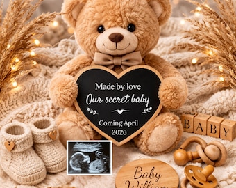 Boho Baby Announcement Template Teddy Bear Pregnancy Reveal Neutral Baby April 2026 Editable Ultrasound Photo Coming Soon Idea Cute Gift Set