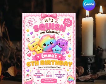 Squishy Birthday Invitation Template, Kawaii Sensory Girls Party Invite, Needoh Glitter Dumpling Birthday, Editable Canva