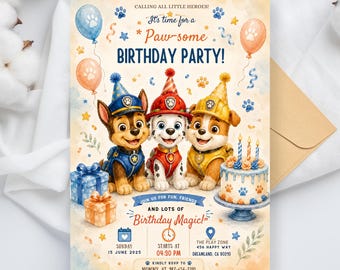 Puppy Patrol Birthday Invitation, Watercolor Paw-some Party Invite (Digital Download)