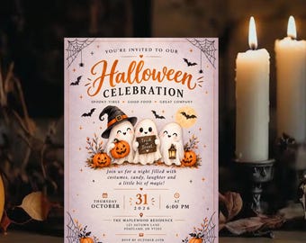 Halloween Party Invitation Digital,Cute Ghost Halloween, Spooky Party Invitation, Editable Canva Template, Minimalist Halloween Party Invite