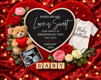 Valentine Pregnancy Announcement Template, Editable Family Growing by Two Sign, Romantic Baby Announcement with Ultrasound, Digital Download