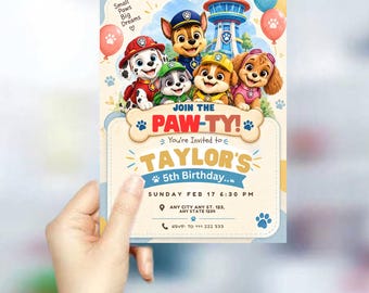 Bearbeitbare Einladungsvorlage für eine Welpengeburtstagsfeier | Welpenpatrouille – Geburtstag für Jungen und Mädchen | Sofort-Download | Druckbare Partyeinladung für Kinder
