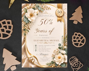 50th Anniversary Invitation Digital Templete , Greenery Wedding Invite, Golden Anniversary Printable, Editable Template, 50th Invited
