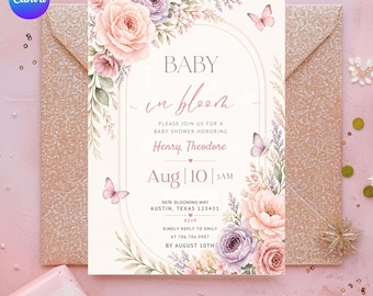Baby in Bloom Invitation, Editable Girl Baby Shower Invite, Pink Floral Butterfly Wildflower Theme, Printable Canva Template Download