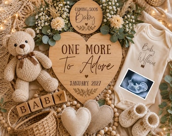 One More to Adore Pregnancy Announcement Digital , 2nd 3rd 4th Baby Reveal, Sibling Announcement, Boho Neutral Spring Baby,Editable Template