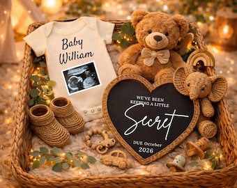 Boho Pregnancy Announcement Template | Keeping a Secret Baby Reveal | Due October 2026 | Ultrasound Reveal | Neutral Baby Announcement