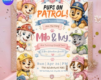 Editable Paw-ty Birthday Invitation Template, Kids Party Invitation, Digital Download , Puppy Patrol Pup Boys & Girls Bday