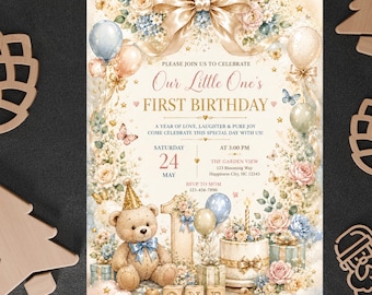 Luxury Teddy Bear First Birthday Invitation Template, Editable Canva Boy 1st Birthday Invite, Printable Digital Download, Blue Bear Party