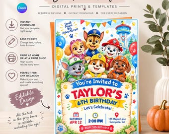 Puppy Paw-ty Birthday Invitation Template, Editable Kids Party Invite, Cute Dog Birthday Card, Canva Printable Download