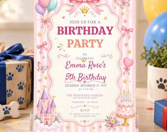 Princess Birthday Invitation Template, Editable Canva Birthday Party Invite, Girls Birthday, Fairytale Party, Pastel Pink Digital Invitation