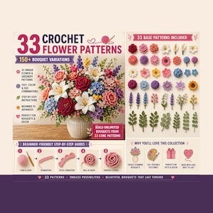 May include: A colorful crochet flower pattern guide with the text "33 Crochet Flower Patterns" and "150+ Bouquet Variations." The image showcases a vibrant bouquet and examples of crochet flowers and greenery. Includes beginner-friendly step-by-step guides.